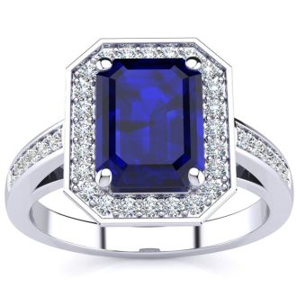 2 1/2 Carat Sapphire and Halo Diamond Ring In 14 Karat White Gold
