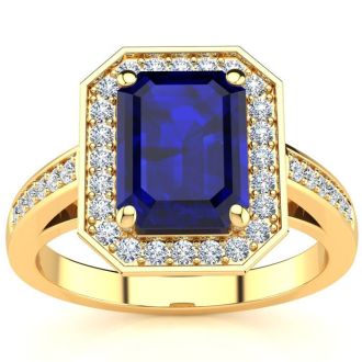 2 1/2 Carat Sapphire and Halo Diamond Ring In 14 Karat Yellow Gold