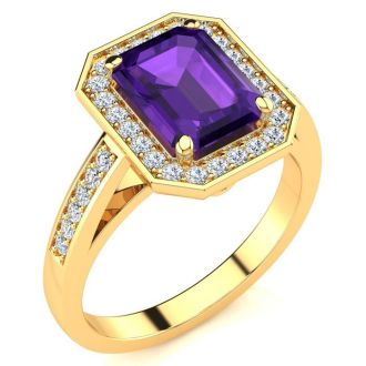 2 1/2 Carat Amethyst and Halo Diamond Ring In 14 Karat Yellow Gold