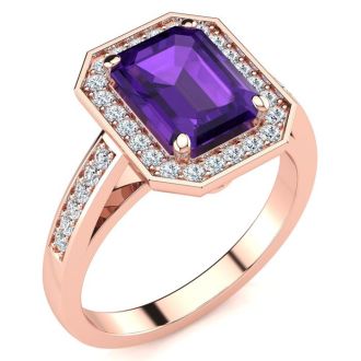 2 1/2 Carat Amethyst and Halo Diamond Ring In 14 Karat Rose Gold