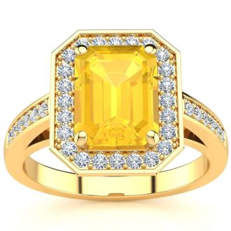 2 1/2 Carat Citrine and Halo Diamond Ring In 14 Karat Yellow Gold