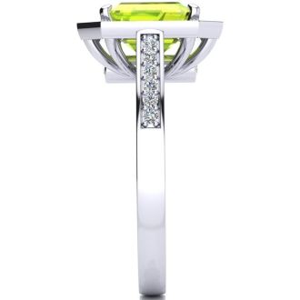 3 Carat Peridot and Halo Diamond Ring In 14 Karat White Gold