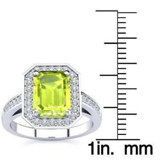 3 Carat Peridot and Halo Diamond Ring In 14 Karat White Gold