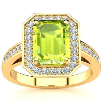 3 Carat Peridot and Halo Diamond Ring In 14 Karat Yellow Gold