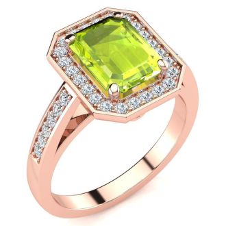 3 Carat Peridot and Halo Diamond Ring In 14 Karat Rose Gold