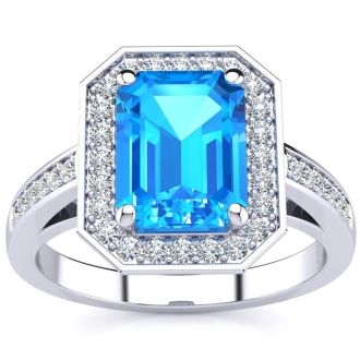 3 Carat Blue Topaz and Halo Diamond Ring In 14 Karat White Gold