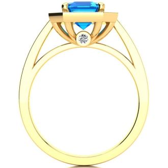 3 Carat Blue Topaz and Halo Diamond Ring In 14 Karat Yellow Gold