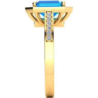 3 Carat Blue Topaz and Halo Diamond Ring In 14 Karat Yellow Gold