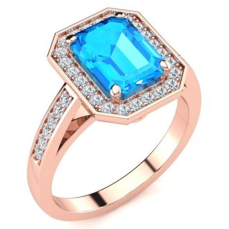 3 Carat Blue Topaz and Halo Diamond Ring In 14 Karat Rose Gold