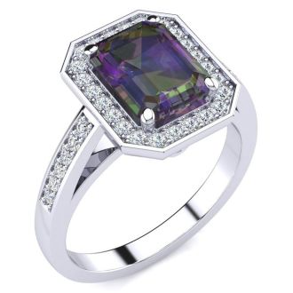 2-1/2 Carat Octagon Shape Mystic Topaz Ring With Diamond Halo In 14 Karat White Gold