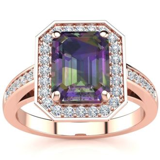 2-1/2 Carat Octagon Shape Mystic Topaz Ring With Diamond Halo In 14 Karat Rose Gold