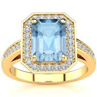 Aquamarine Ring: Aquamarine Jewelry: 2 1/2 Carat Aquamarine and Halo Diamond Ring In 14 Karat Yellow Gold