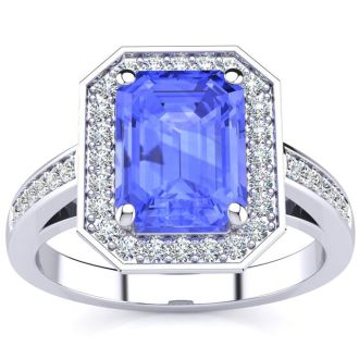 3 Carat Tanzanite and Halo Diamond Ring In 14 Karat White Gold
