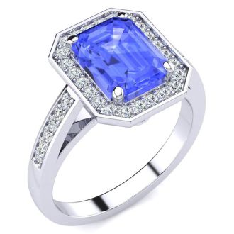 3 Carat Tanzanite and Halo Diamond Ring In 14 Karat White Gold