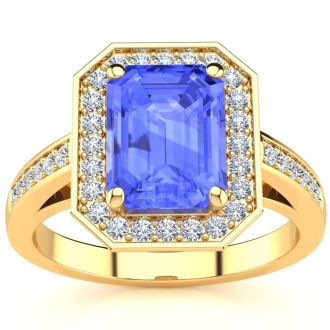 3 Carat Tanzanite and Halo Diamond Ring In 14 Karat Yellow Gold