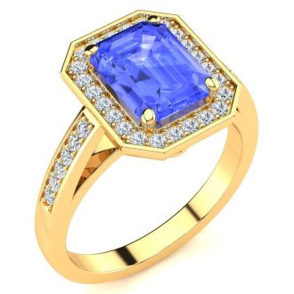 3 Carat Tanzanite and Halo Diamond Ring In 14 Karat Yellow Gold