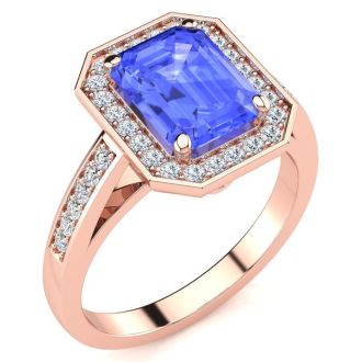 3 Carat Tanzanite and Halo Diamond Ring In 14 Karat Rose Gold