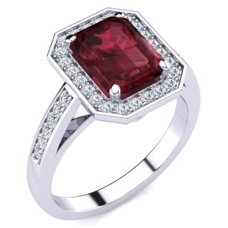 Garnet Ring: Garnet Jewelry: 3 Carat Garnet and Halo Diamond Ring In 14 Karat White Gold