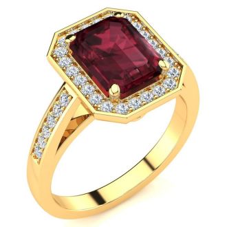 Garnet Ring: Garnet Jewelry: 3 Carat Garnet and Halo Diamond Ring In 14 Karat Yellow Gold