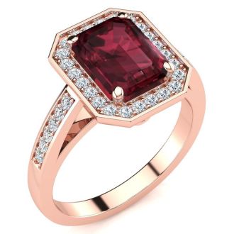Garnet Ring: Garnet Jewelry: 3 Carat Garnet and Halo Diamond Ring In 14 Karat Rose Gold