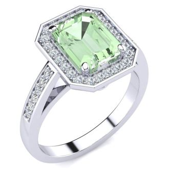 2 1/2 Carat Green Amethyst and Halo Diamond Ring In 14 Karat White Gold