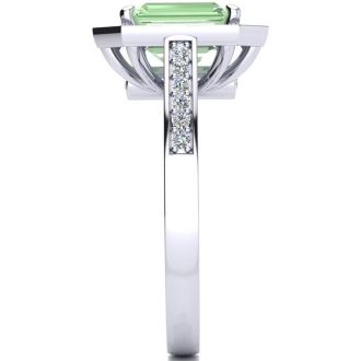 2 1/2 Carat Green Amethyst and Halo Diamond Ring In 14 Karat White Gold