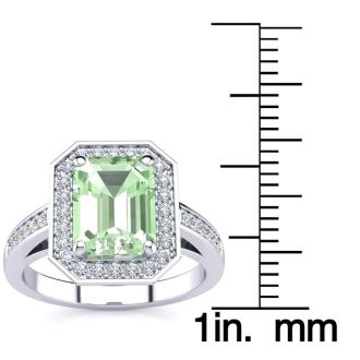 2 1/2 Carat Green Amethyst and Halo Diamond Ring In 14 Karat White Gold