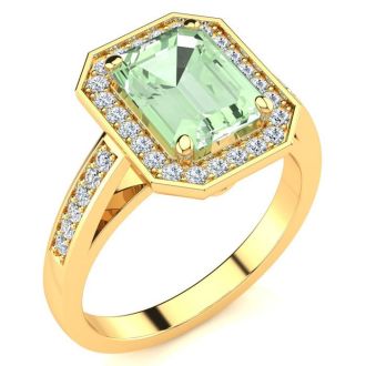 2 1/2 Carat Green Amethyst and Halo Diamond Ring In 14 Karat Yellow Gold