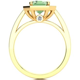 2 1/2 Carat Green Amethyst and Halo Diamond Ring In 14 Karat Yellow Gold