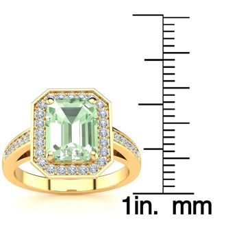 2 1/2 Carat Green Amethyst and Halo Diamond Ring In 14 Karat Yellow Gold