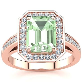 2 1/2 Carat Green Amethyst and Halo Diamond Ring In 14 Karat Rose Gold