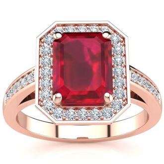 3 1/3 Carat Ruby and Halo Diamond Ring In 14 Karat Rose Gold