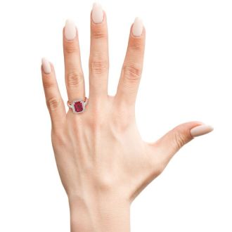 3 1/3 Carat Ruby and Halo Diamond Ring In 14 Karat Rose Gold