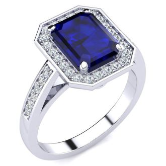 3 1/3 Carat Sapphire and Halo Diamond Ring In 14 Karat White Gold