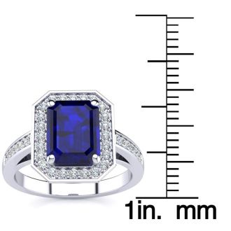 3 1/3 Carat Sapphire and Halo Diamond Ring In 14 Karat White Gold