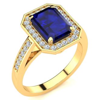 3 1/3 Carat Sapphire and Halo Diamond Ring In 14 Karat Yellow Gold