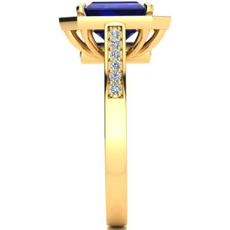3 1/3 Carat Sapphire and Halo Diamond Ring In 14 Karat Yellow Gold