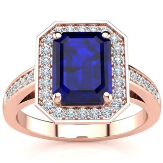 3 1/3 Carat Sapphire and Halo Diamond Ring In 14 Karat Rose Gold