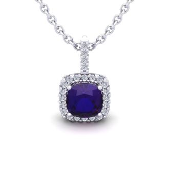 1 Carat Cushion Cut Amethyst and Halo Diamond Necklace In 14 Karat White Gold, 18 Inches