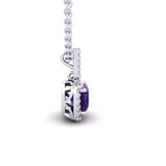 1 Carat Cushion Cut Amethyst and Halo Diamond Necklace In 14 Karat White Gold, 18 Inches