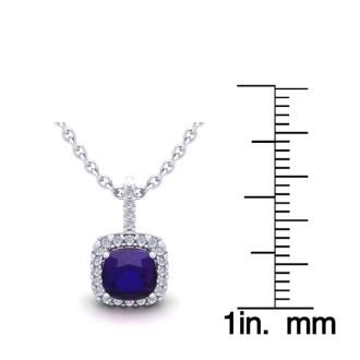 1 Carat Cushion Cut Amethyst and Halo Diamond Necklace In 14 Karat White Gold, 18 Inches