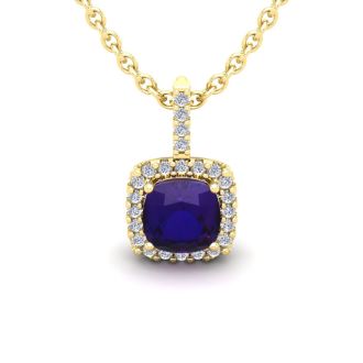 1 Carat Cushion Cut Amethyst and Halo Diamond Necklace In 14 Karat Yellow Gold, 18 Inches