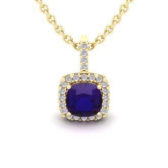1 Carat Cushion Cut Amethyst and Halo Diamond Necklace In 14 Karat Yellow Gold, 18 Inches