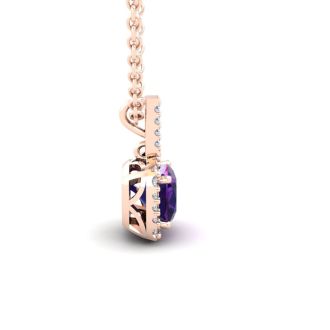 1 Carat Cushion Cut Amethyst and Halo Diamond Necklace In 14 Karat Rose Gold, 18 Inches