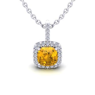 1 Carat Cushion Cut Citrine and Halo Diamond Necklace In 14 Karat White Gold, 18 Inches
