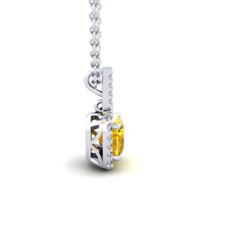 1 Carat Cushion Cut Citrine and Halo Diamond Necklace In 14 Karat White Gold, 18 Inches
