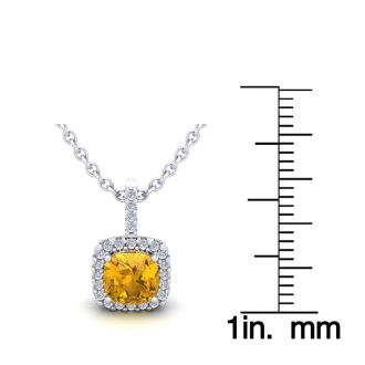 1 Carat Cushion Cut Citrine and Halo Diamond Necklace In 14 Karat White Gold, 18 Inches
