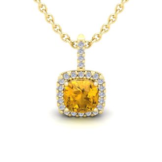 1 Carat Cushion Cut Citrine and Halo Diamond Necklace In 14 Karat Yellow Gold, 18 Inches