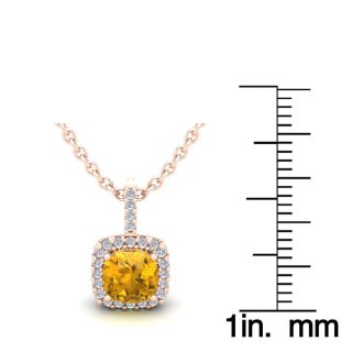 1 Carat Cushion Cut Citrine and Halo Diamond Necklace In 14 Karat Rose Gold, 18 Inches