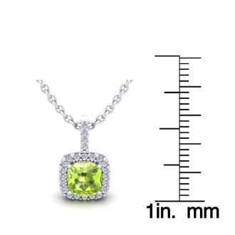 1 1/4 Carat Cushion Cut Peridot and Halo Diamond Necklace In 14 Karat White Gold, 18 Inches